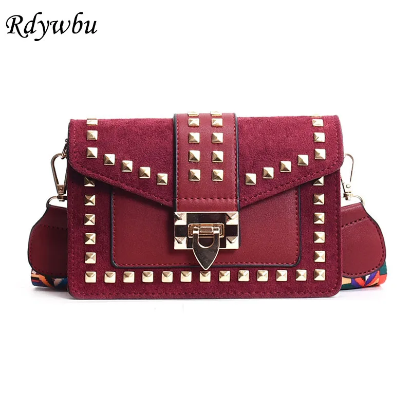 

Rdywbu Fashion Velour Rivet Shoulder Bag Luxury Women Winter Colorful Strap PU Crossbody Bag Girls New Small Messenger Bag B132