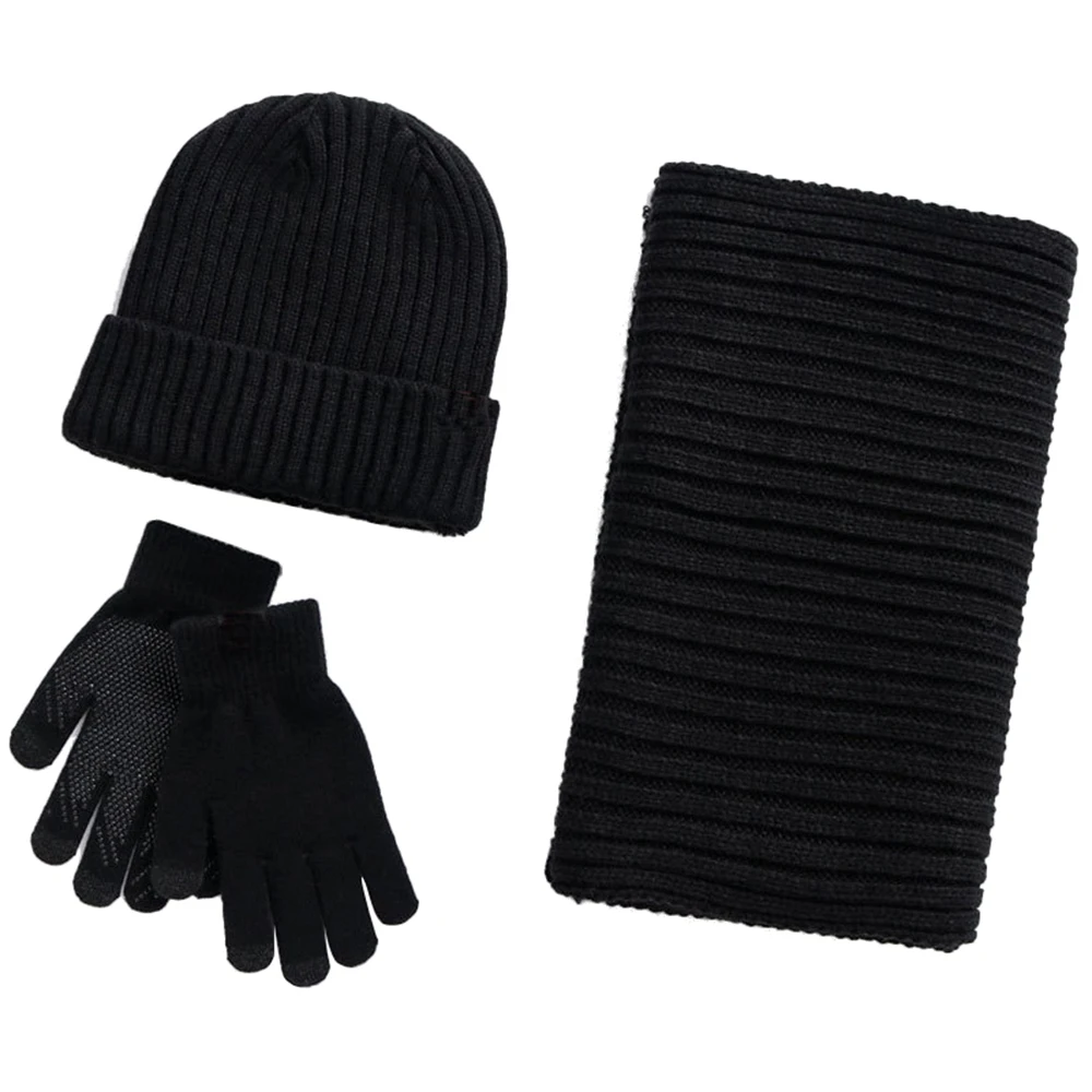 Winter Slouchy Beanie Pure Color Hat &amp Scarf Touchscreen Gloves Three-piece Set Autumn Fashion Warmer Unisex Cap |