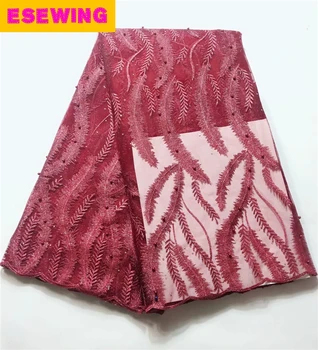

African Beaded Lace Fabric 2018 High Quality Lace Material Wine French Lace Fabric Nigerian Tulle Mesh Lace Fabrics