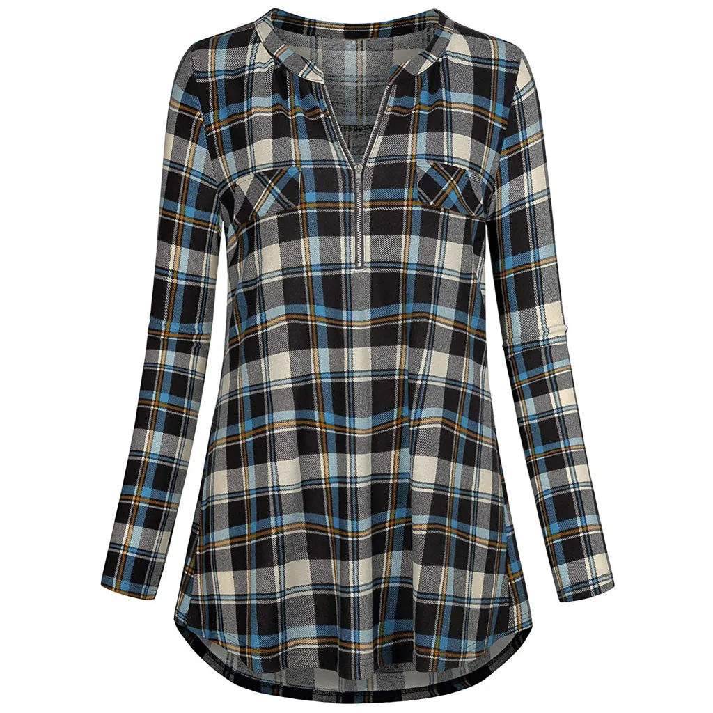 

2018 New Autumn shirt Womens Long Sleeve Zipped V Neck Plaid Shirt Casual Tunic Blouses Tops Femme Casual Tops Sexy shirt