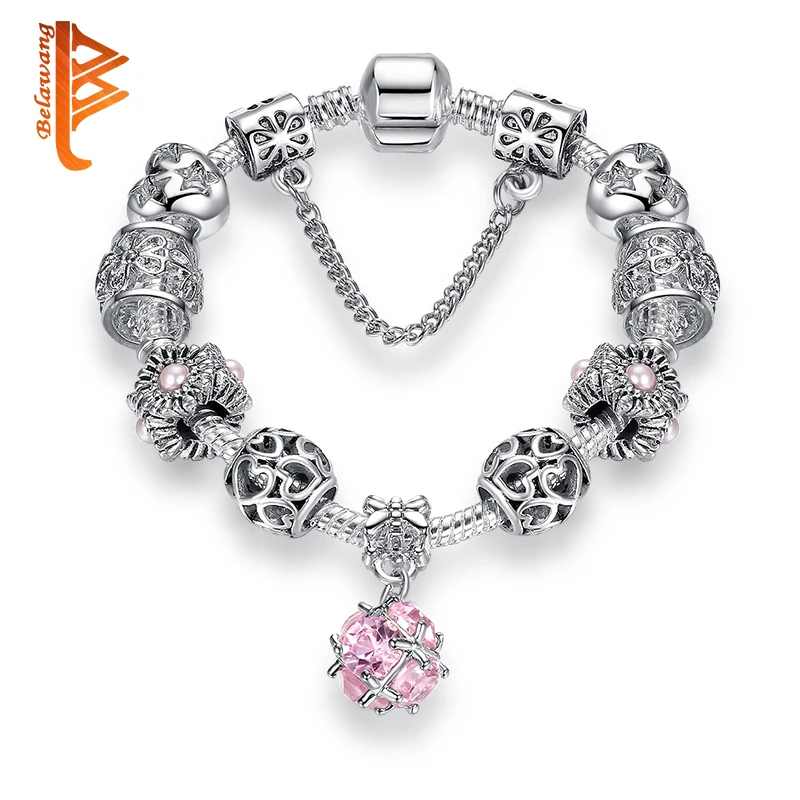 

BELAWANG European Style Charm Bracelet for Women Luxury Crystal Bead Snake Chain Bracelet with Safety Chain Silver Jewelry