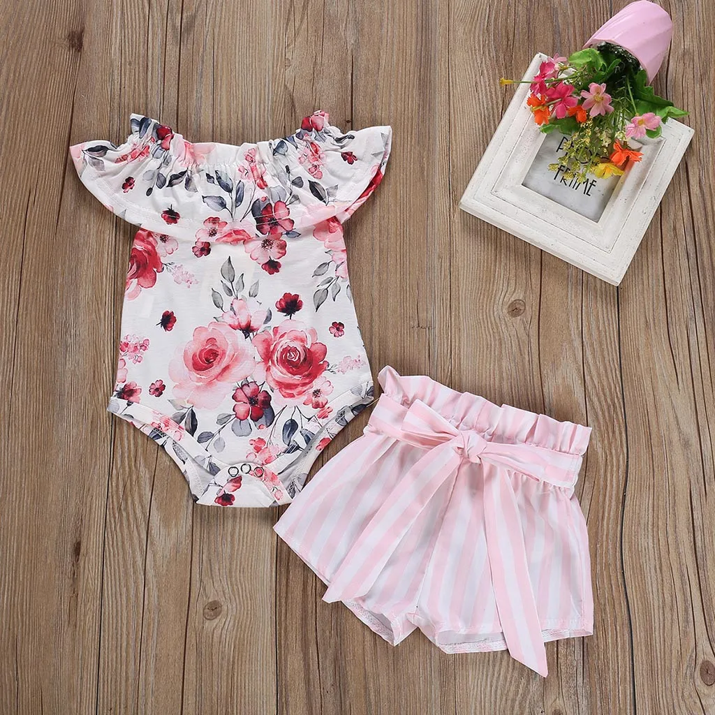 

MUQGEW Fashion Baby's Sets baby girl clothes Off-Shoulder Short Sleeve Rompers+Striped Shorts baby girl clothes set baby kleding