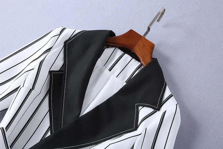 Women New Runway Designer Suit Sets Striped Blazer Suits Casual 3/4 Sleeve Sash Elegant Office Blazer Shorts Suits