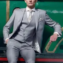Светло-серые модные смокинги Custome Homme Terno Masculino, высококачественный вечерний костюм для выпускного(пиджак+ брюки+ жилет+ галстук+ носовые платки