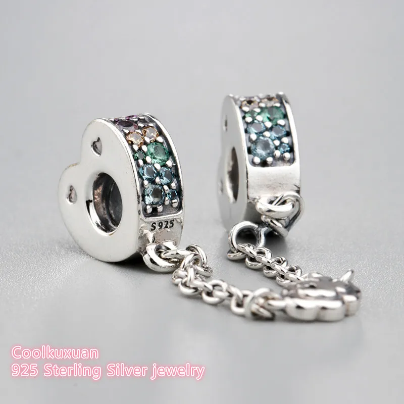 

2019 Spring 925 Sterling Silver Multi-Colored Arcs of Love Safety Chain Multi-Colored CZ & Crystals Fit Pandora Charms Bracelet