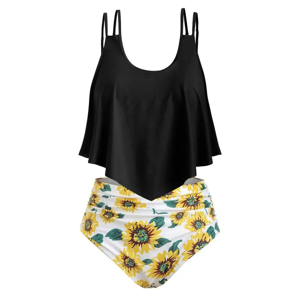

Swimwear Women 2019 Sexy Padded Swimsuit Shorts Sunflower Printed Two Piece Ruffled Girls Bikini Maillot De Bain Dropshipping c