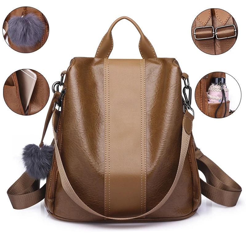 

New Quality Leather Anti-thief Women Backpack Large Capacity Hair Ball School Bag for Teenager girls Male Travel Bags