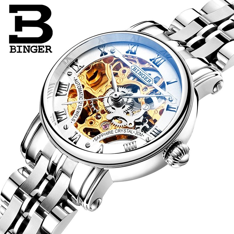 

Switzerland luxury Women's watches BINGER brand Hollow Out Mechanical Wristwatches sapphire full stainless steel clock B-5066L6
