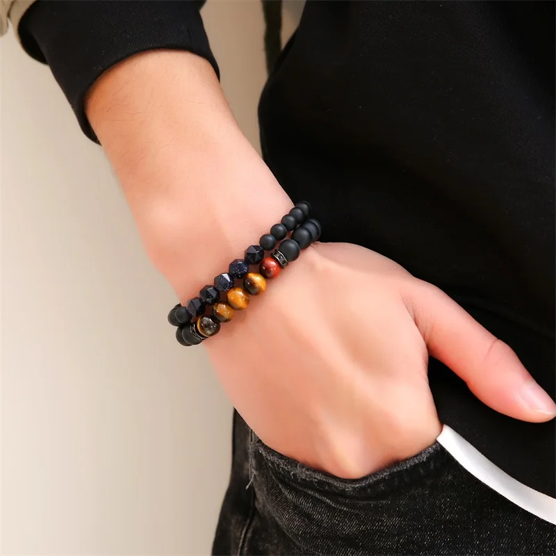 J. K 2pcs/set Blue Sandstone Men Woman Bead Bracelet Beaded Black