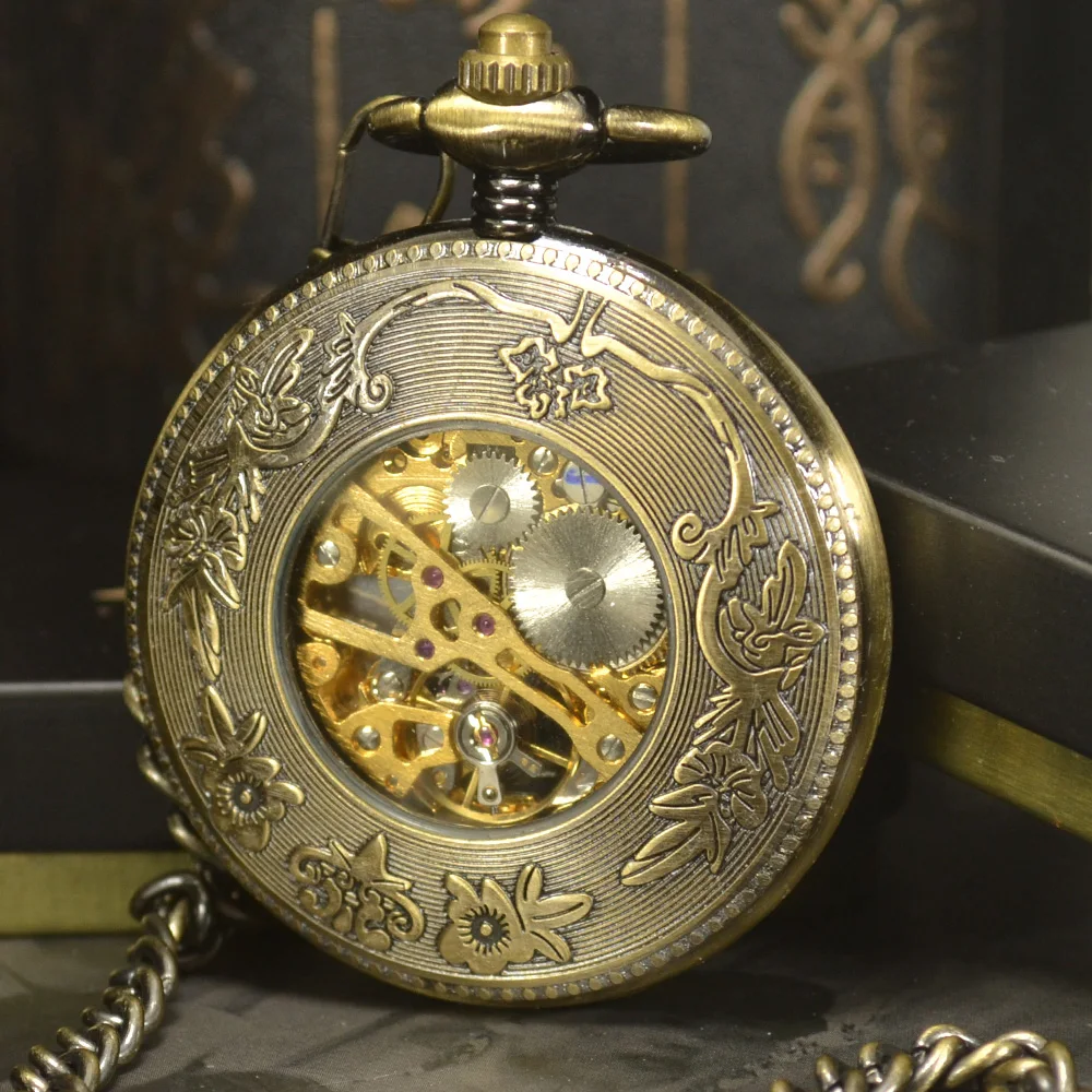 Luxo Skeleton Bronze Retro Relógio de Bolso Antigo Esqueleto Mecânica Pocket Ver Colar Cadeia Homens de Negócios & Fob Relógios - Image 2