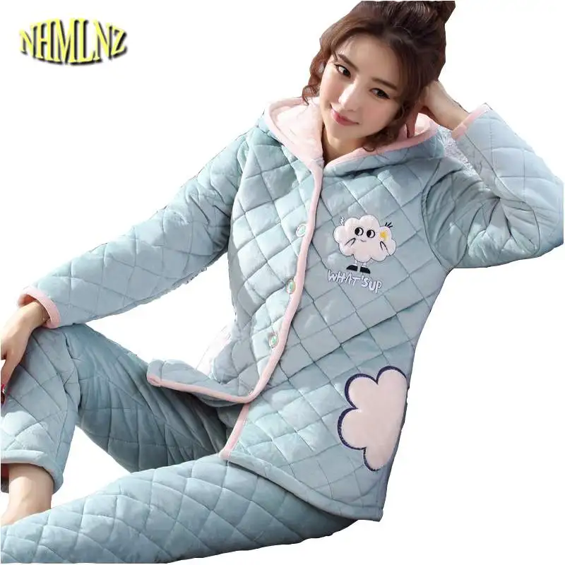 Cotton Pajamas Women Winter Thick Warm Pajama Set Coral Fleece Three