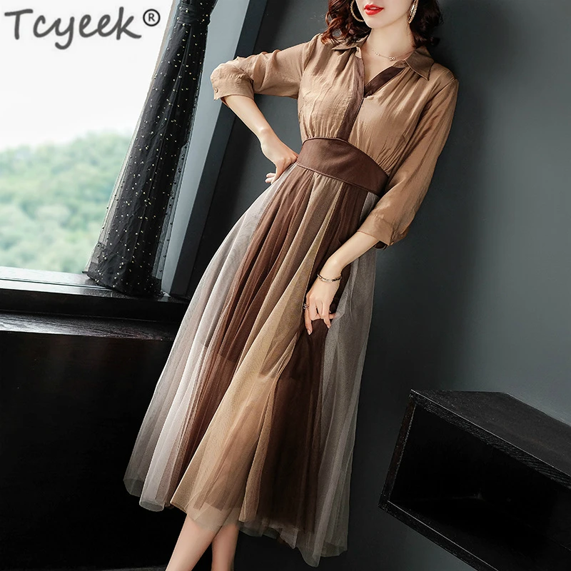 

Tcyeek Spring Summer Dress Women Mesh Long Dress Sexy V Neck Dresses Elegant Vintage Clothes 2019 Vestidos De Fiesta LWL1678