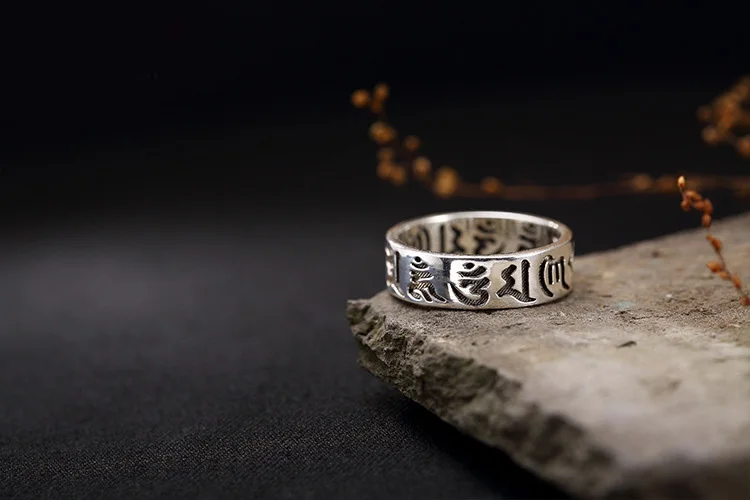 925 Sterling Silver Vintage Ring Buddhist Classic Six Character Mantra Personalized Gift Party Wedding Band