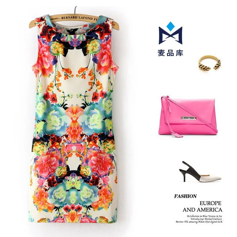 DR0031 2014 New Fashion Women Dress Nip-Waisted Show Thin Printing Tight Sleeveless Angelababy Star Style Restoring | Женская одежда