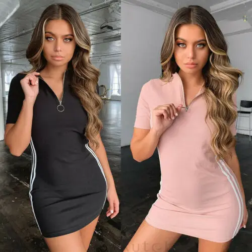 

Meihuida 2019 Women Casual Sprorts Short Sleeve Mini Dress Zipper Stand V Neck Bodycon Solid Sport Dress Vestido De Mujer