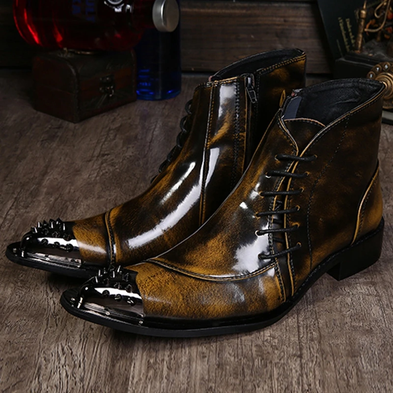 Plus Size New Vintage Pointed Toe Lace up Man Handmade Runway Shoes Patent Leather Men's Rocker Metal Tipped Ankle Boots SL243