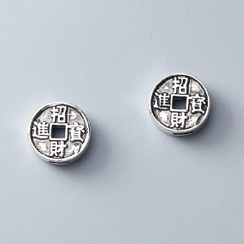 

Vintage Craftwork Flat Round Chinese Coin Beads 10.5mm Wealth and Treasure 925 Sterling Silver Spacer Beads DIY Jewelry Findings