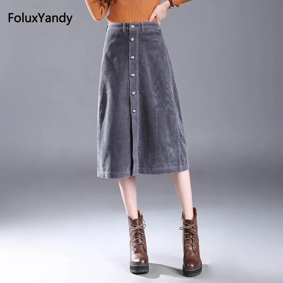 Baratos Nueva falda de pana para mujer con botón de mosca a media cintura Casual de talla grande faldas Midi gris negro azul MZNZ34