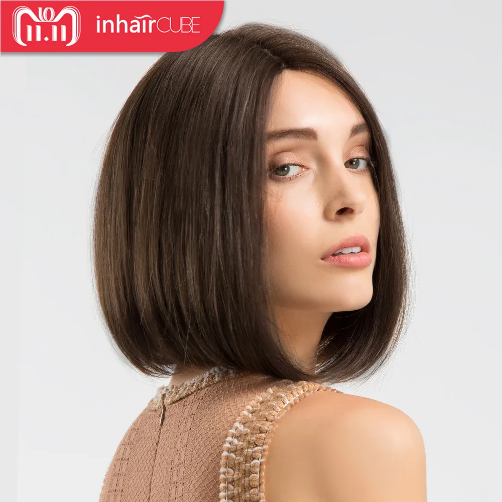 INHAIR CUBE Synthetic Blend Short Straight Hair Glueless Lace Wig Bob Hand-tied Middle Part Mixed Color Brown Wigs for Women INHAIR CUBE Synthetic Blend Short Straight Hair Glueless Lace Wig Bob Hand-tied Middle Part Mixed Color Brown Wigs for Women