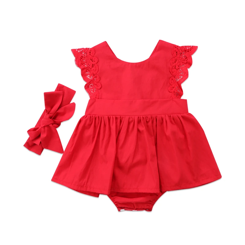 New Arriavl Christmas Ruffle Red Lace Romper Dress Baby Girls Sister Princess 
