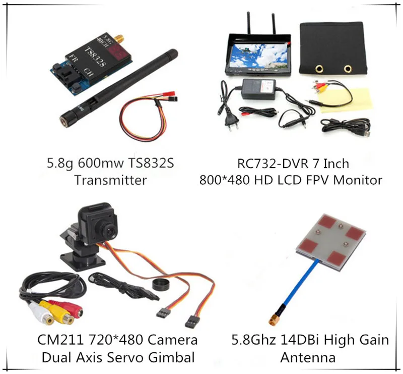 

Boscam TS832S 5.8G 40CH 600mw Transmitter Dual Axis Servo Gimbal Camera RC732-DVR All-in-one 7" 800*480 HD LCD Monitor