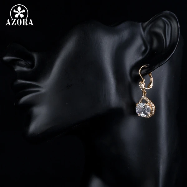 AZORA Gold Color Top AAA+ Cubic Zirconia Egg Shaped Surround Tiny Crystal Drop Earrings TE0146