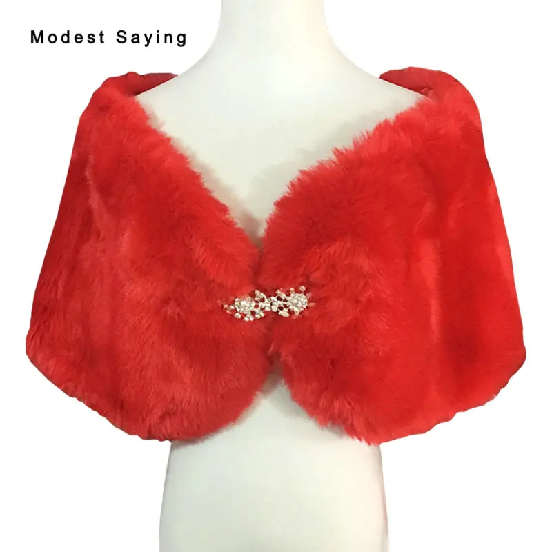 Elegant Warm Red Winter Faux Fur Wedding Shawl 2017 Fur Wrap Shrug