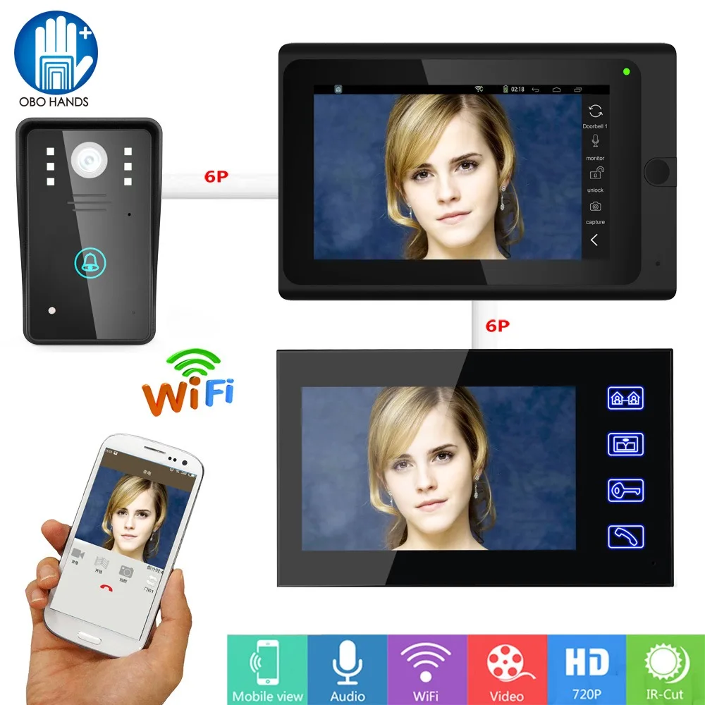 

7" wired Wifi Video Doorbell Intercom Kit Set IR HD 720P Camera 2 Touch Screen Two way intercom Support Smart Phone with APP