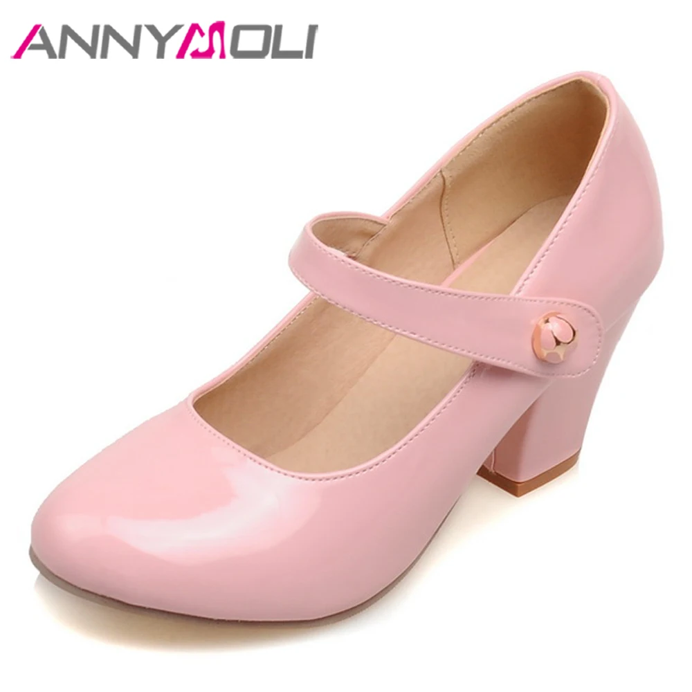 

ANNYMOLI High Heels Mary Janes Shoes Women Thick High Heel Party Shoes Elegant Round Toe Pumps Ladies Spring Blue Big Size 33-43