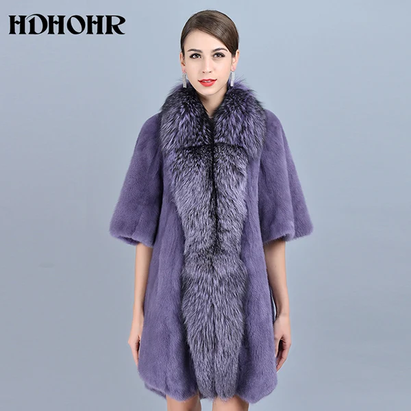 HDHOHR, модное пальто из натурального меха норки, женские теплые парки с большим воротником из меха лисы, толстые зимние куртки высокого качества из норки для женщин - Цвет: Лаванда