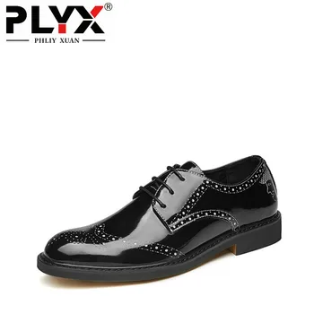 

PHLIY XUAN New 2019 Fashion Men Dress Shoes Hand-Painted Leather Brogue Shoes Footwear Men Wedding Shoes