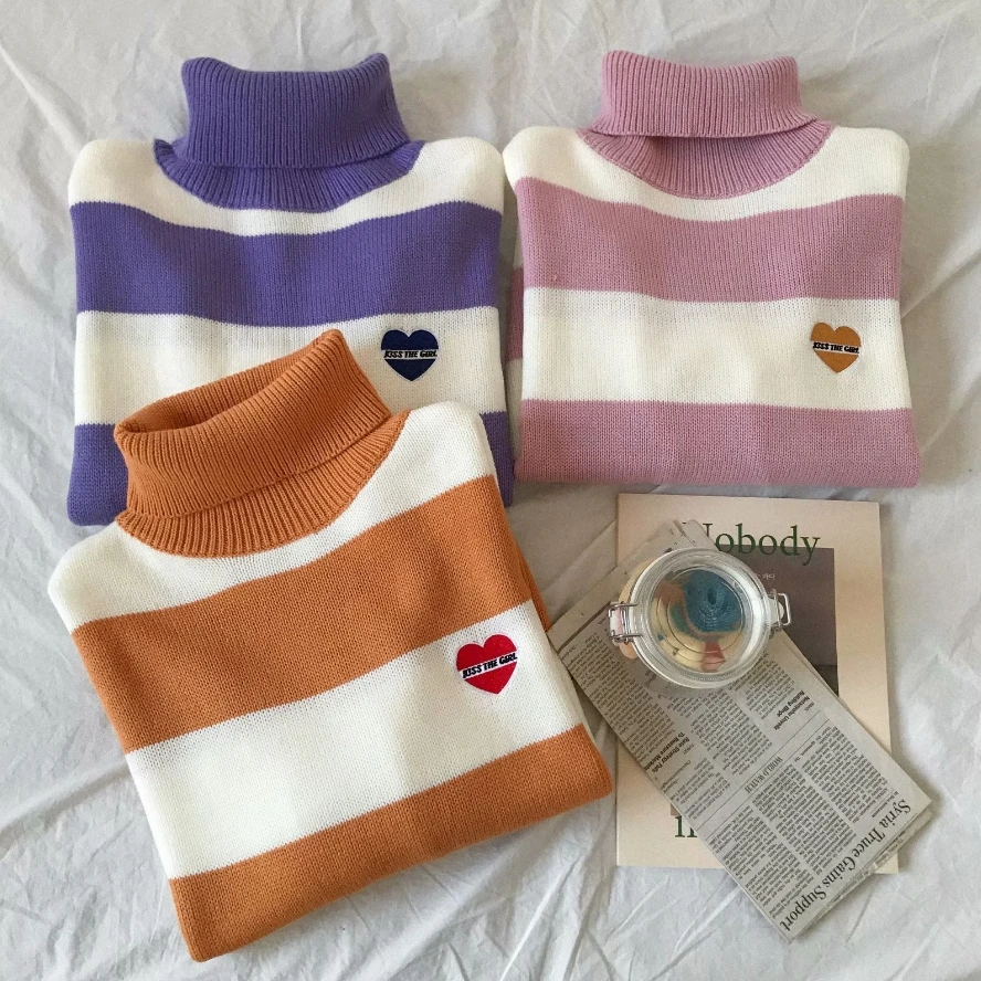 

autumn womens sweaters 2019 winter harajuku korean fashion striped heart-shaped embroidery letters love knitted sweater women