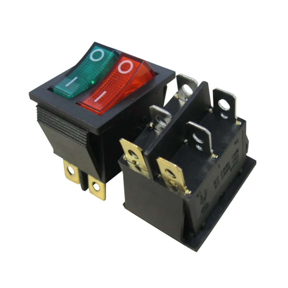 

2Pcs AC 250V/16A, 125V/20A Red and Green Button with Light ON/Off DPDT 6 Pin 2 Position Rocker Toggle Switch Snap KCD2-2101N-RG