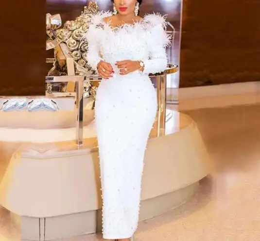 

Slash Neck White Bandage Dress High Quality Fashion Sexy Feathers Long Sleeve Night Club Beading Evening Party Dresses Bodycon