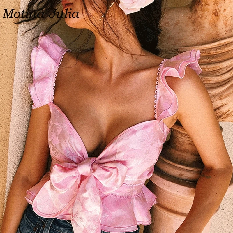 

Motina Julia 2019 pink ruffle bow blouses shirt women lace crochet ruffle blusas female party club cropped tops shirt