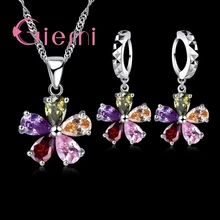 Gran promoción cinco flores Petaled brillante colorido CZ cristal colgante conjuntos de joyas regalo plata esterlina 925 collar pendientes(China)