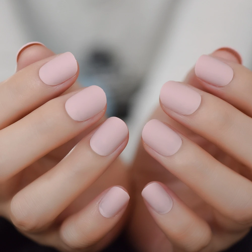 Matte Short Nails Squoval Pink Frosted Nails Press On Nails Artificial
