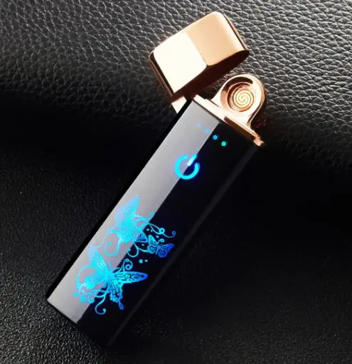 Вольфрамовая турбо USB Зажигалка сенсорная Зажигалка изогнутая полноэкранная сигарета для курения Электронная зажигалка может Изготовленный На Заказ лазерный логотип - Цвет: gold butterfly