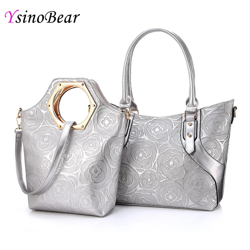 

YsinoBear Luxury Ladies Shoulder Bags 2Pcs High Quality Silver PU Leather Bags Rose Flowers Composite Bag Soft Handbag For Women