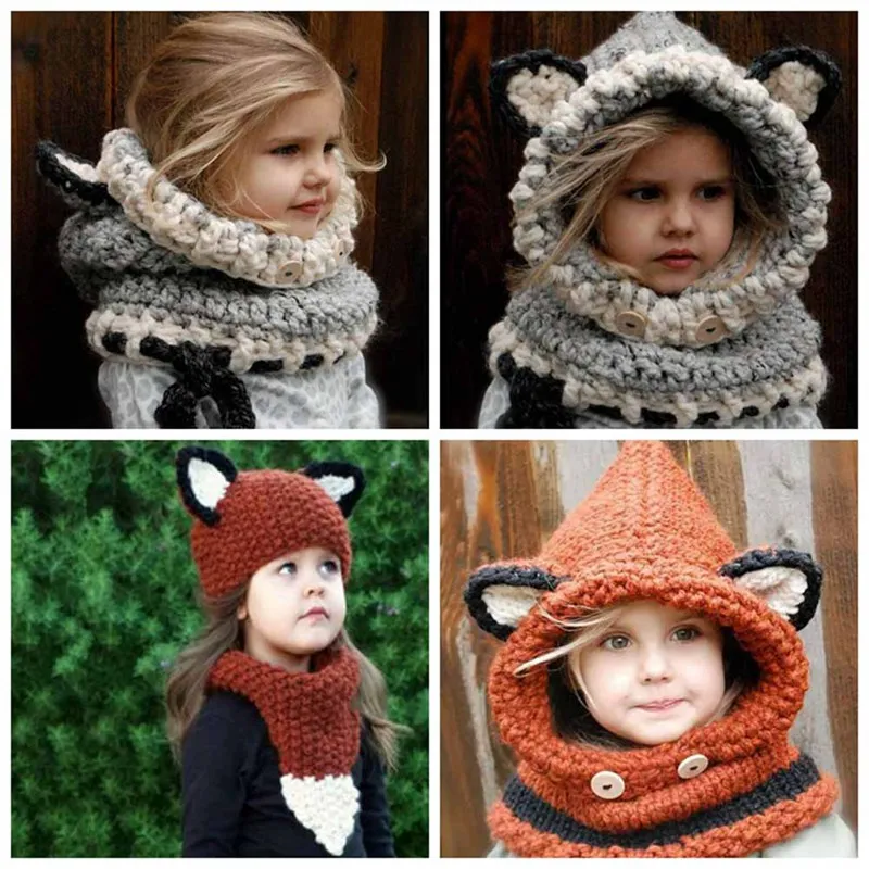 Children s Accessories Animal Shawl Hat Autumn Winter Wool Knitted Cap Scarf Baby Shawl Boys Girls Kid Hooded Cloak Hat