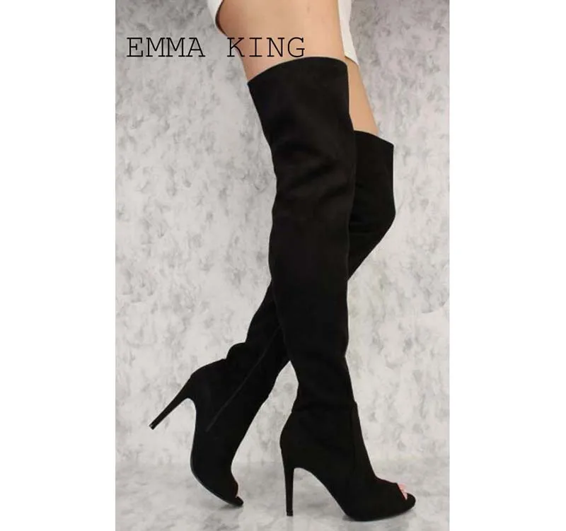 

2018 shoes women Over The Knee Thin High Heels Ladies Sexy Boots Side Zipper Autumn Winter Peep Toe Flock botas mujer For Party
