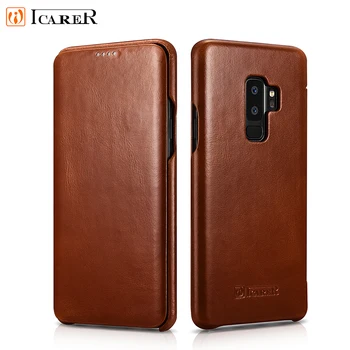 

ICARER for Samsung Galaxy S9 S9Plus Pure handmade First Layer Leather Case for Samsung S9 Plus Flip Cover Curve Edge Protection