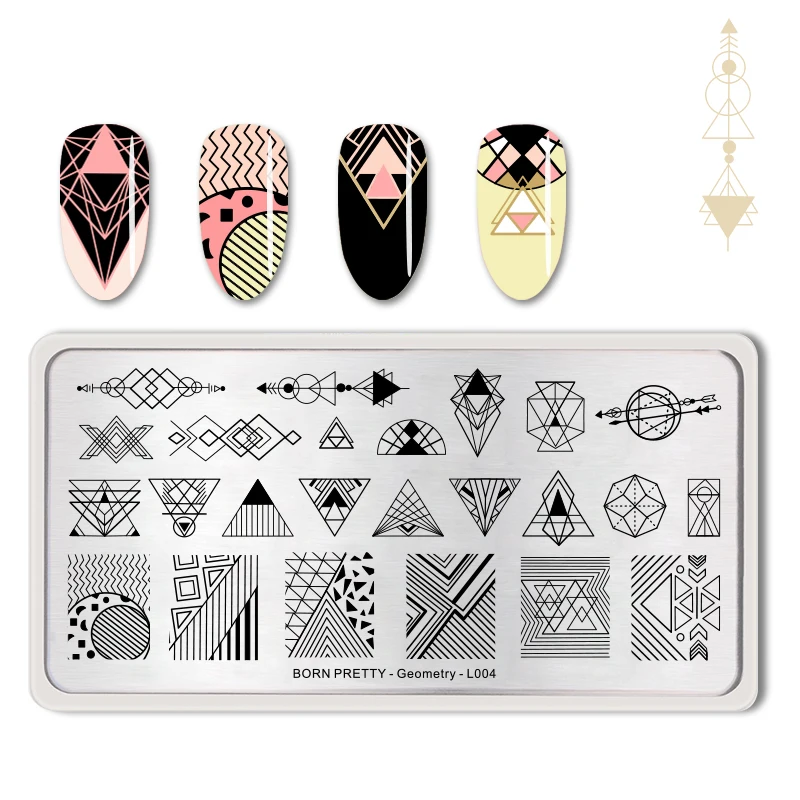 BORN PRETTY геометрические прямоугольные пластины для штамповки ногтей из нержавеющей стали шаблон для дизайна ногтей геометрический узор маникюр