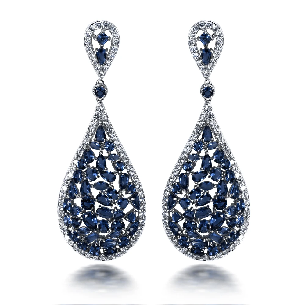 DREAMCARNIVAL Deluxe Wedding Earrings for Women Rhodium or Gold-color Blue Green Clear White Red Champagne CZ Paved Pendientes