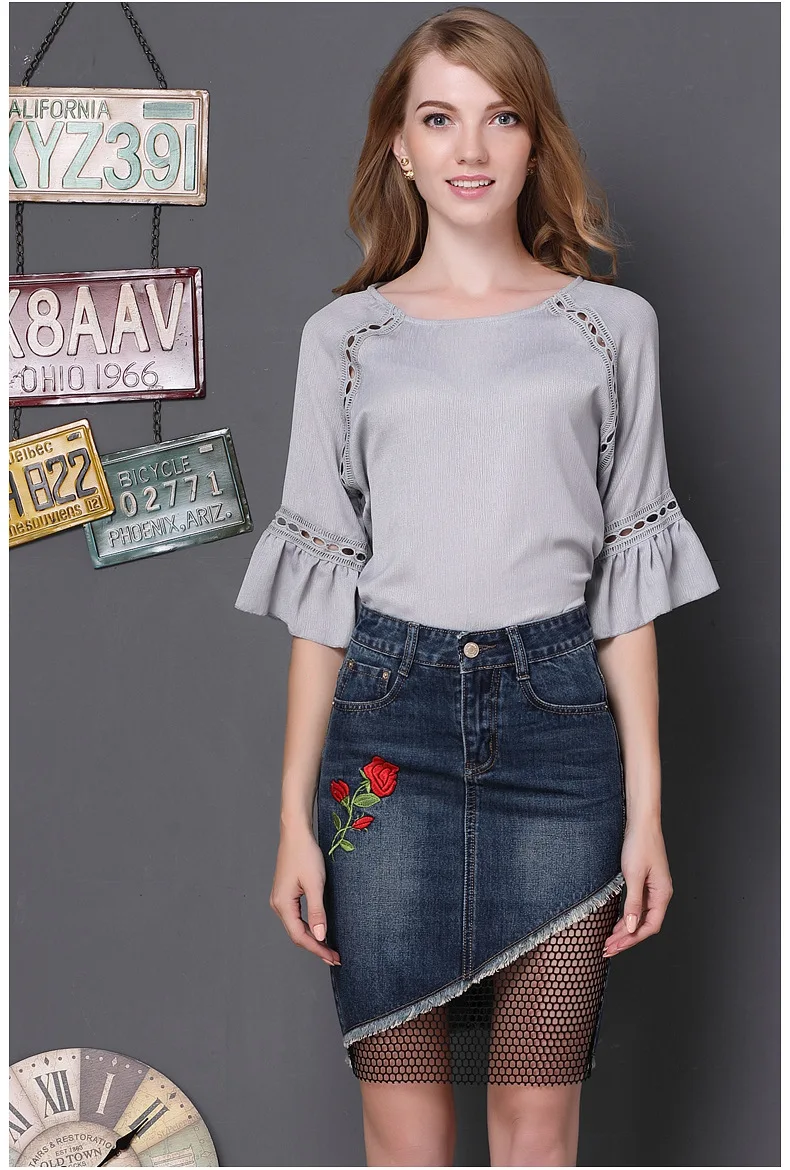 rose embroidered splicing denim skirt 2017 autumn fishing net package hip skirts large size needlework female skirts GL1050 (8)