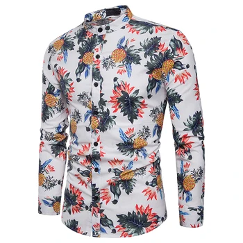 

Drop Shipping Men's shirt beach style fashion large body small pineapple pattern color weave men's long-sleeve shirt