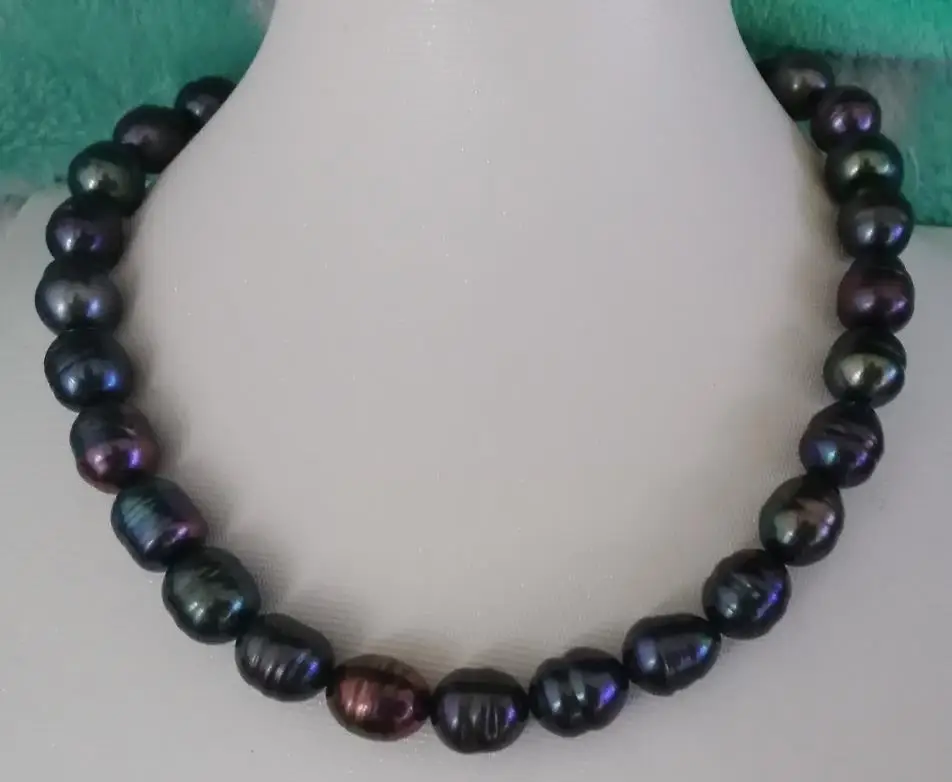 

12-13mm baroque tahitian black red green pearl necklace 18"925silver