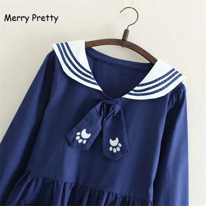 Merry Pretty/темно синее платье с галстуком бабочкой mori/летнее милое белое в японском