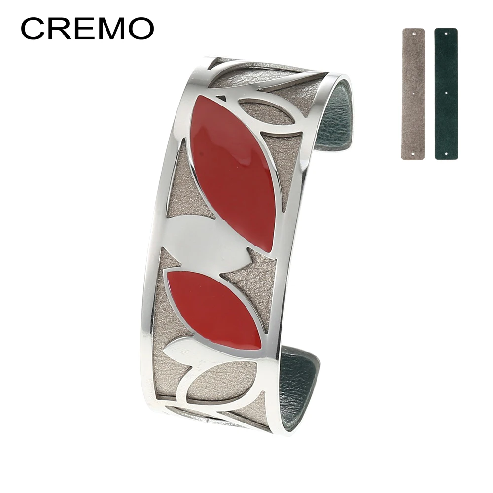

Cremo Enamel Bracelets & Bangles For Women Stainless Steel Manchette Femme Reversible Opening Leaf Leather Pulseira Feminina