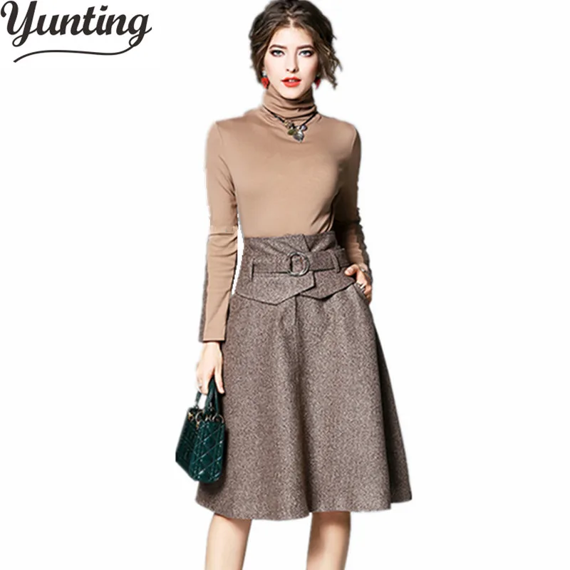 

Woman Skirt Suits knee length Skirt + Turtleneck Tops Two Piece Set Ladies 2018 Spring Fashion Female OL Suits Cutout XXXL